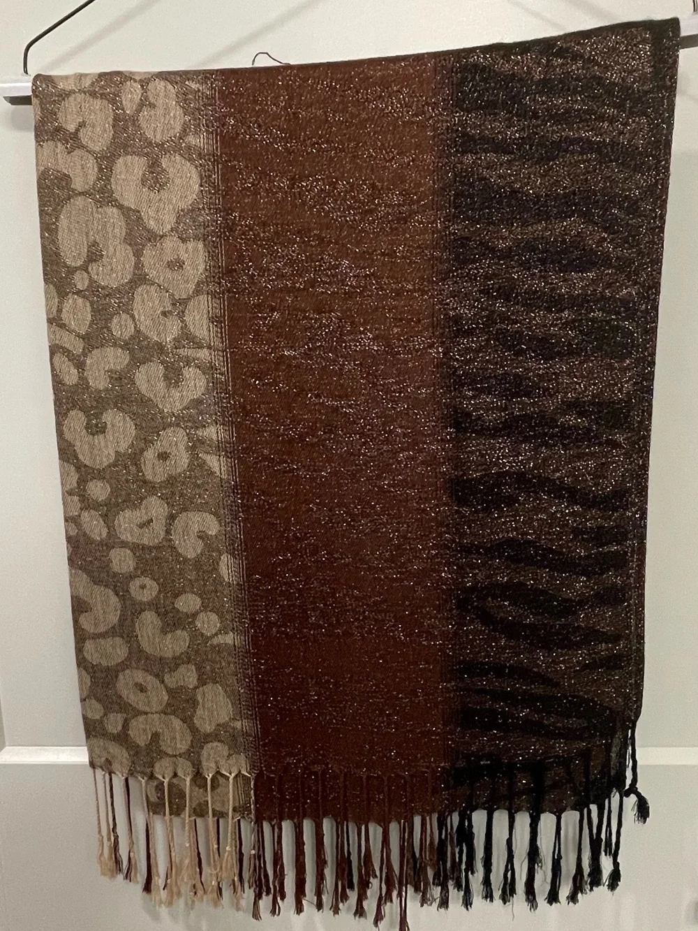 EUC Versatile Brown Patterned Fringe Scarf with animal print & textured panels